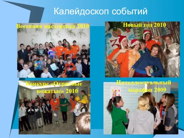 Калейдоскоп событий Весенняя мастерская 2010 Новый год 2010 Интеллектуальный марафон 2009 Конкурс «Отрядные вожатые» 2010