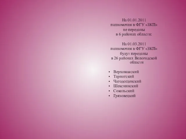 На 01.01.2011 полномочия в ФГУ «ЗКП» не переданы в 6 районах области: