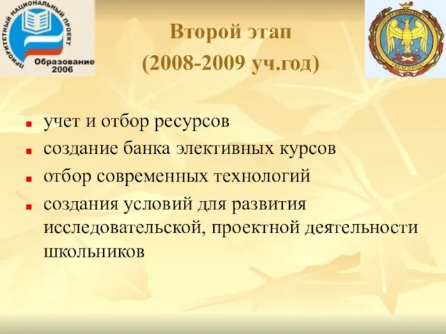 Второй этап (2008-2009 уч.год) учет и отбор ресурсов создание банка элективных курсов