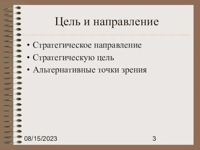 08/15/2023 Цель и направление Стратегическое направление Стратегическую цель Альтернативные точки зрения