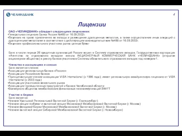 Лицензии ОАО «ЧЕЛИНДБАНК» обладает следующими лицензиями: Генеральная лицензия Банка России №485 от