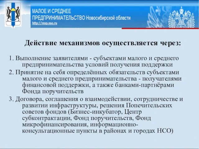 Действие механизмов осуществляется через: 1. Выполнение заявителями - субъектами малого и среднего