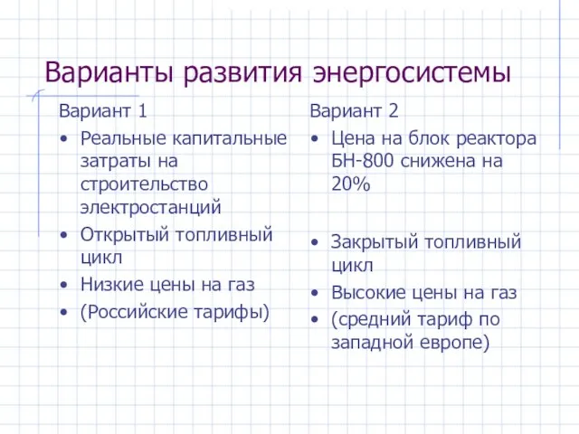 Варианты развития энергосистемы Вариант 1 Реальные капитальные затраты на строительство электростанций Открытый