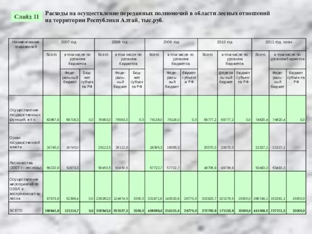 Расходы на осуществление переданных полномочий в области лесных отношений на территории Республики Алтай, тыс.руб. Слайд 11