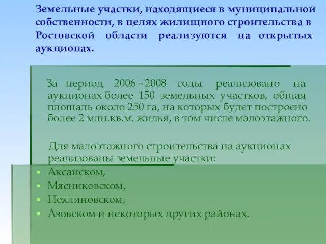 Земельные участки, находящиеся в муниципальной собственности, в целях жилищного строительства в Ростовской