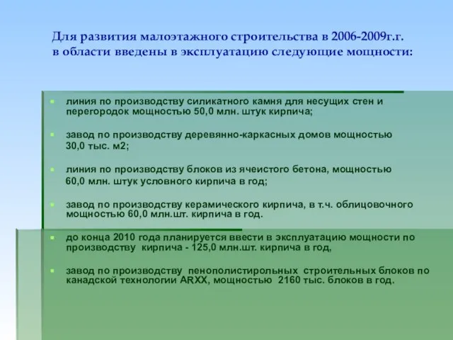 Для развития малоэтажного строительства в 2006-2009г.г. в области введены в эксплуатацию следующие