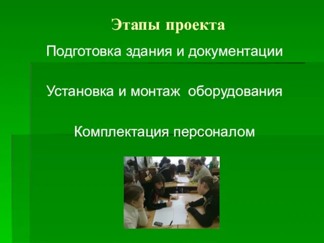 Этапы проекта Подготовка здания и документации Установка и монтаж оборудования Комплектация персоналом