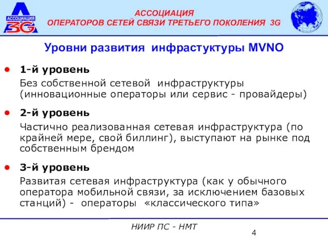 Уровни развития инфрастуктуры MVNO 1-й уровень Без собственной сетевой инфраструктуры (инновационные операторы