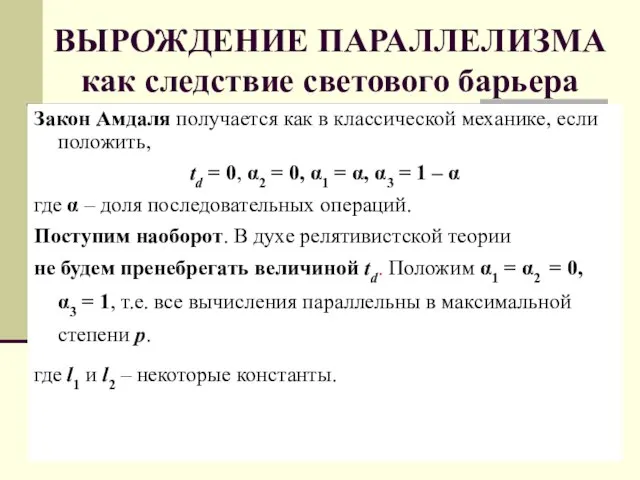 ВЫРОЖДЕНИЕ ПАРАЛЛЕЛИЗМА как следствие светового барьера Закон Амдаля получается как в классической