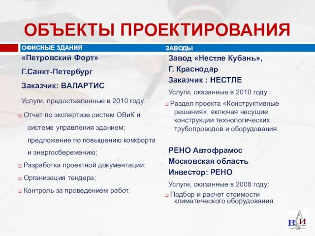 ЗАВОДЫ Завод «Нестле Кубань», Г. Краснодар Заказчик : НЕСТЛЕ Услуги, оказанные в