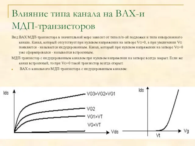 Влияние типа канала на ВАХ-и МДП-транзисторов Вид ВАХ МДП-транзистора в значительной мере