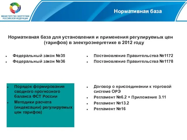 Нормативная база Нормативная база для установления и применения регулируемых цен (тарифов) в