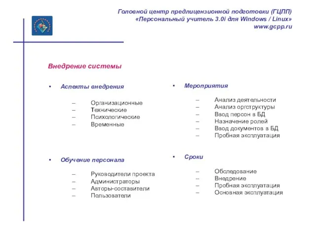 Внедрение системы Аспекты внедрения Организационные Технические Психологические Временные Обучение персонала Руководители проекта