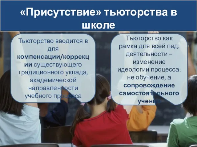 «Присутствие» тьюторства в школе Тьюторство вводится в для компенсации/коррекции существующего традиционного уклада,