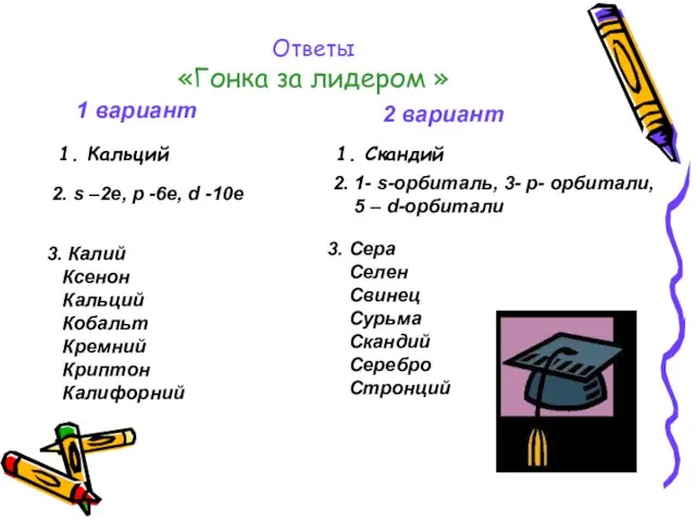 Ответы «Гонка за лидером » 1 вариант 2 вариант 1. Кальций 1.