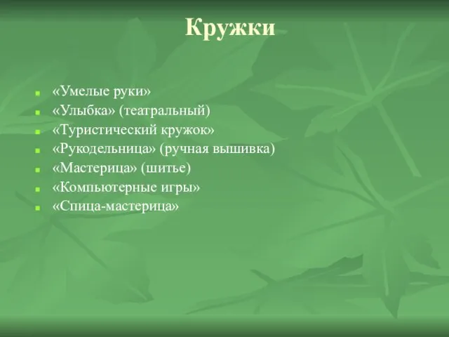 Кружки «Умелые руки» «Улыбка» (театральный) «Туристический кружок» «Рукодельница» (ручная вышивка) «Мастерица» (шитье) «Компьютерные игры» «Спица-мастерица»