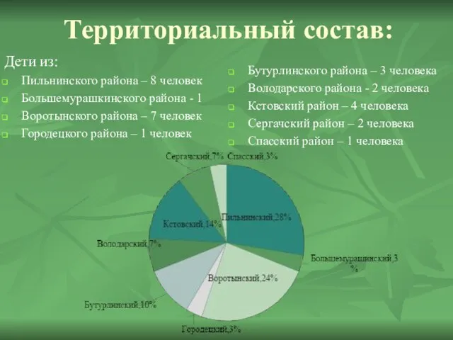 Территориальный состав: Дети из: Пильнинского района – 8 человек Большемурашкинского района -