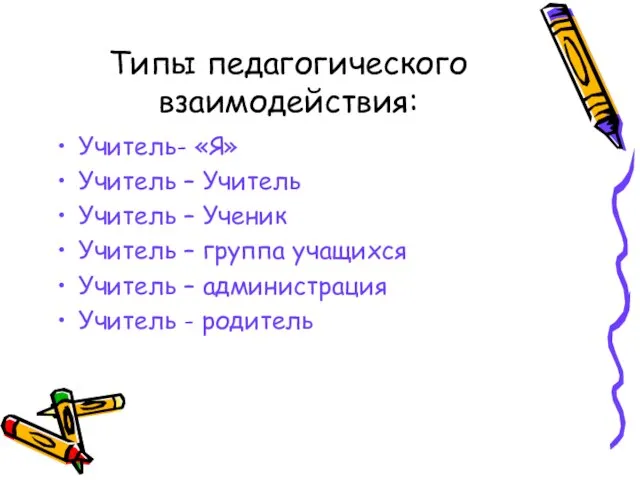 Типы педагогического взаимодействия: Учитель- «Я» Учитель – Учитель Учитель – Ученик Учитель