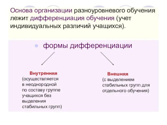 Основа организации разноуровневого обучения лежит дифференциация обучения (учет индивидуальных различий учащихся). формы