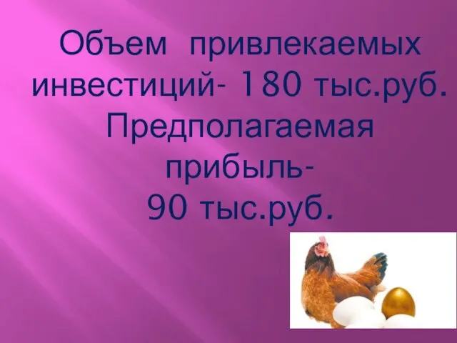 Объем привлекаемых инвестиций- 180 тыс.руб. Предполагаемая прибыль- 90 тыс.руб.