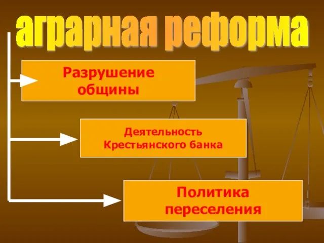 аграрная реформа Разрушение общины Деятельность Крестьянского банка Политика переселения