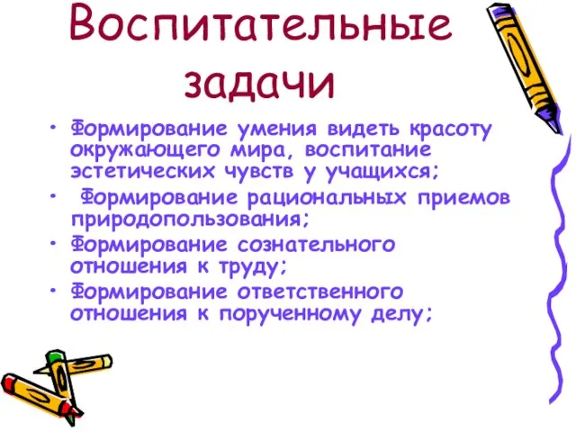 Воспитательные задачи Формирование умения видеть красоту окружающего мира, воспитание эстетических чувств у