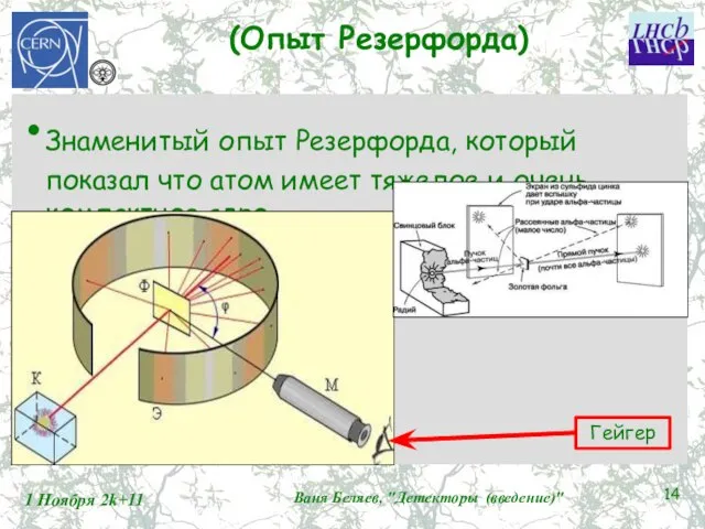 (Опыт Резерфорда) Знаменитый опыт Резерфорда, который показал что атом имеет тяжелое и