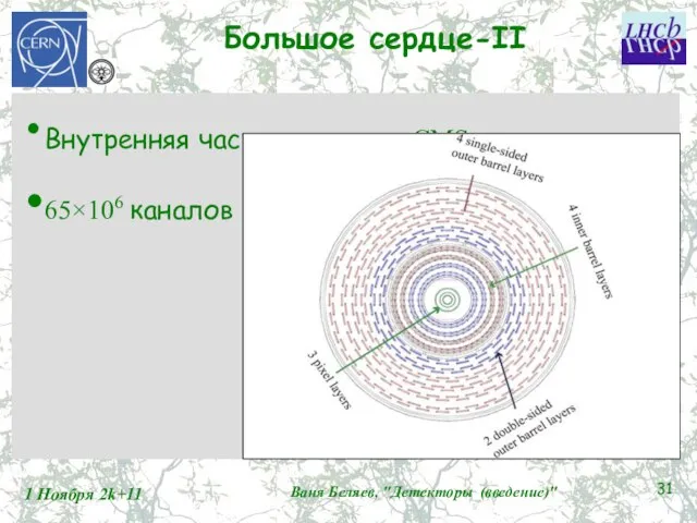 Большое сердце-II 1 Ноября 2k+11 Ваня Беляев, "Детекторы (введение)" Внутренняя часть детектора CMS 65×106 каналов