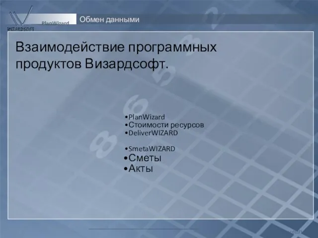 Обмен данными Wizardsoft PlanWizard Взаимодействие программных продуктов Визардсофт. PlanWizard Стоимости ресурсов DeliverWIZARD SmetaWIZARD Сметы Акты