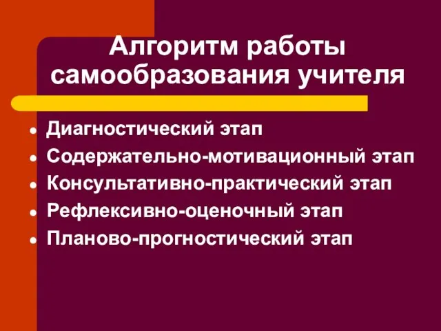 Алгоритм работы самообразования учителя Диагностический этап Содержательно-мотивационный этап Консультативно-практический этап Рефлексивно-оценочный этап Планово-прогностический этап