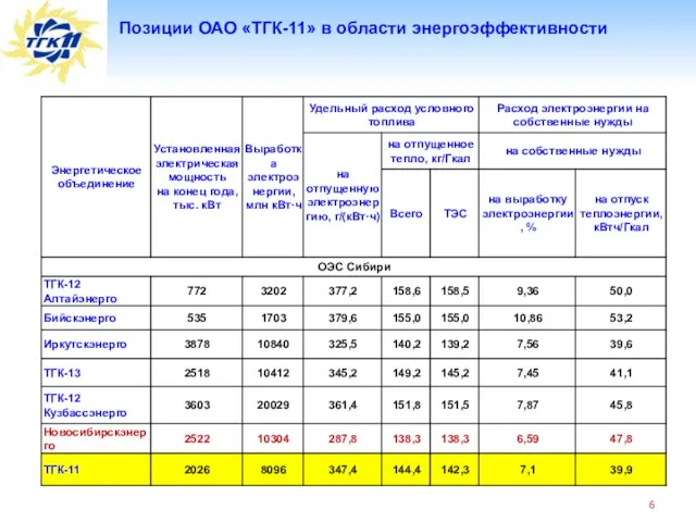 Позиции ОАО «ТГК-11» в области энергоэффективности