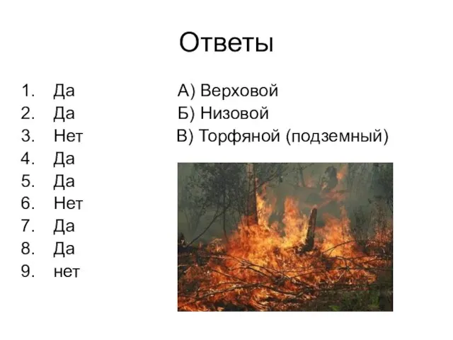 Ответы Да А) Верховой Да Б) Низовой Нет В) Торфяной (подземный) Да