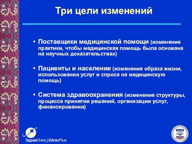 Три цели изменений Поставщики медицинской помощи (изменение практики, чтобы медицинская помощь была