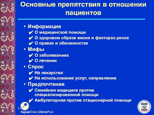 Основные препятствия в отношении пациентов Информация О медицинской помощи О здоровом образе