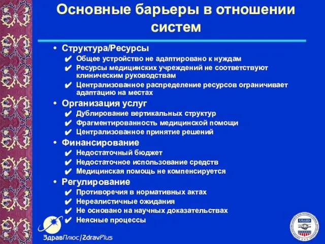 Основные барьеры в отношении систем Структура/Ресурсы Общее устройство не адаптировано к нуждам