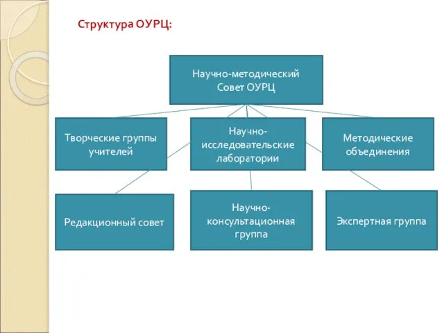 Структура ОУРЦ: Научно-методический Совет ОУРЦ Творческие группы учителей Редакционный совет Научно-консультационная группа