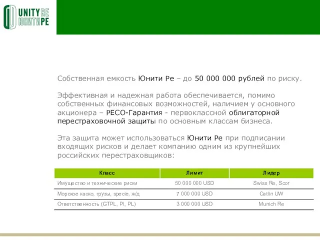 Собственная емкость Юнити Ре – до 50 000 000 рублей по риску.