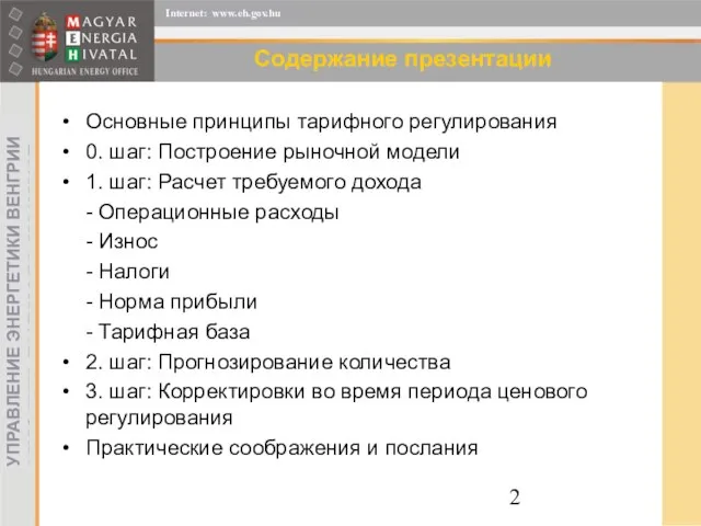 Содержание презентации Основные принципы тарифного регулирования 0. шаг: Построение рыночной модели 1.