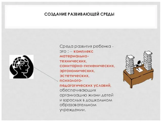 СОЗДАНИЕ РАЗВИВАЮЩЕЙ СРЕДЫ Среда развития ребенка - это : -- комплекс материально-технических,