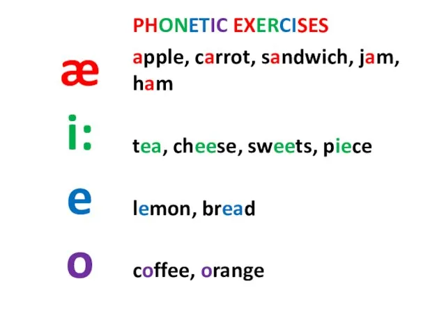 æ i: e o PHONETIC EXERCISES apple, carrot, sandwich, jam, ham tea,