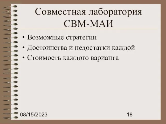 08/15/2023 Совместная лаборатория СВМ-МАИ Возможные стратегии Достоинства и недостатки каждой Стоимость каждого варианта