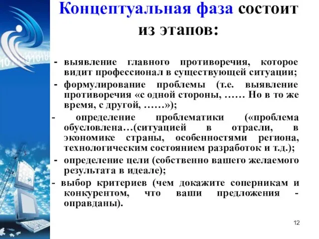 Концептуальная фаза состоит из этапов: выявление главного противоречия, которое видит профессионал в