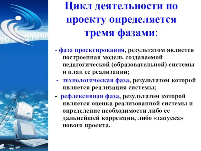 Цикл деятельности по проекту определяется тремя фазами: - фаза проектирования, результатом является