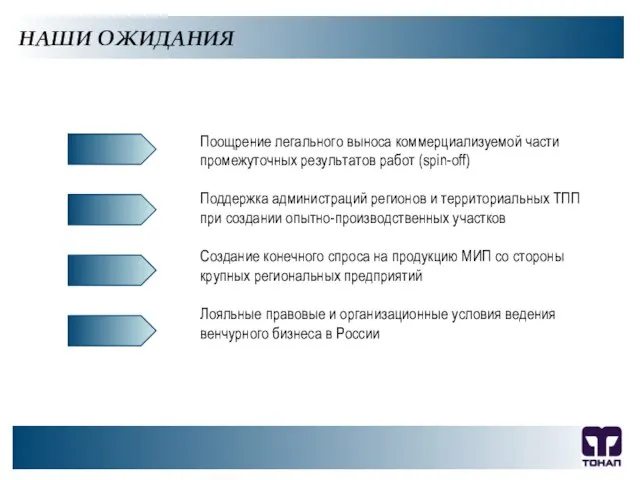 ООО "ТОНАП", 2007 г. НАШИ ОЖИДАНИЯ Поощрение легального выноса коммерциализуемой части промежуточных