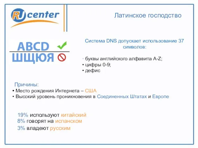 Латинское господство Система DNS допускает использование 37 символов: буквы английского алфавита A-Z;