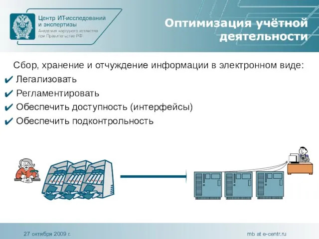 Оптимизация учётной деятельности Сбор, хранение и отчуждение информации в электронном виде: Легализовать