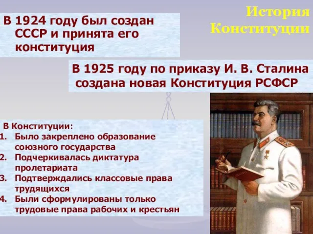 История Конституции В 1924 году был создан СССР и принята его конституция
