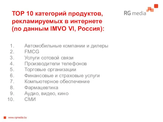 TOP 10 категорий продуктов, рекламируемых в интернете (по данным IMVO VI, Россия):