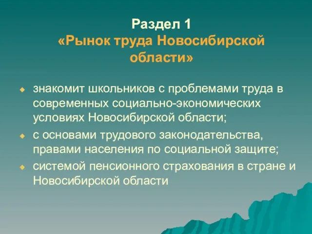 Раздел 1 «Рынок труда Новосибирской области» знакомит школьников с проблемами труда в