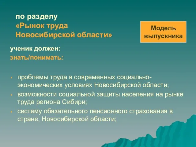 по разделу «Рынок труда Новосибирской области» ученик должен: знать/понимать: проблемы труда в